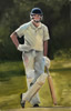 Batting Oil on paper 8 x 12 painting by christina pierce, cricket artist