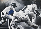 Action 12in x16in oil on canvas - painting by christina pierce, cricket artist