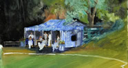 Hurlingham taverners 10in x 8in oil on board - painting by christina pierce, cricket artist