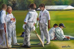 boys-waiting-to-bat, oil on canvas 24 x 36 by christina pierce, cricket artist