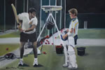 Bowling Machine - oil on canvas 16 x 24 by christina pierce, cricket artist