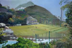 Ground with Pool - oil on canvas 16 x 24 by christina pierce, cricket artist