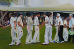 Umpires - oil on canvas 16 x 24 by christina pierce, cricket artist