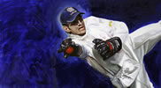 MS Dhoni Keeping 30in x 54in oil on canvas by christina pierce, cricket artist