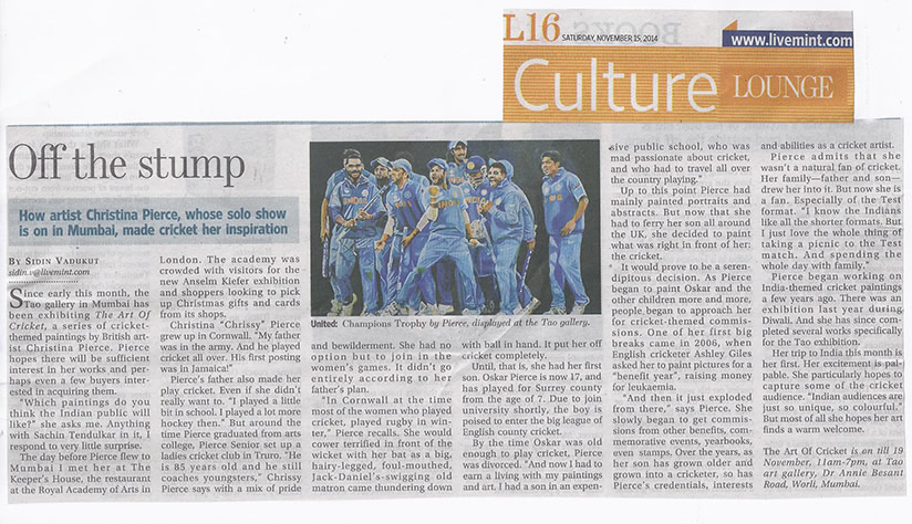 christina pierce cricket artist press cutting india 2014